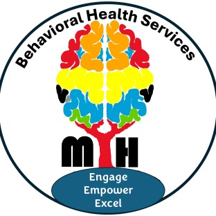 Maha Behavioral Health Services logo featuring a multicolored brain-tree hybrid above the letters MH and a blue oval containing the slogan Engage, Empower, Excel.